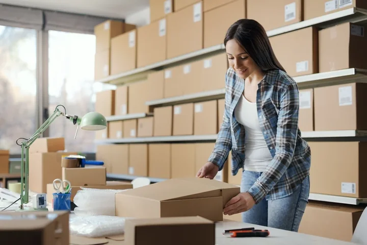 Kobieta w otoczeniu kartonowych opakowań