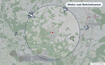 Mapa okolic miasta z sylwetkami samolotów — Niebo nad Bełchatowem na żywo