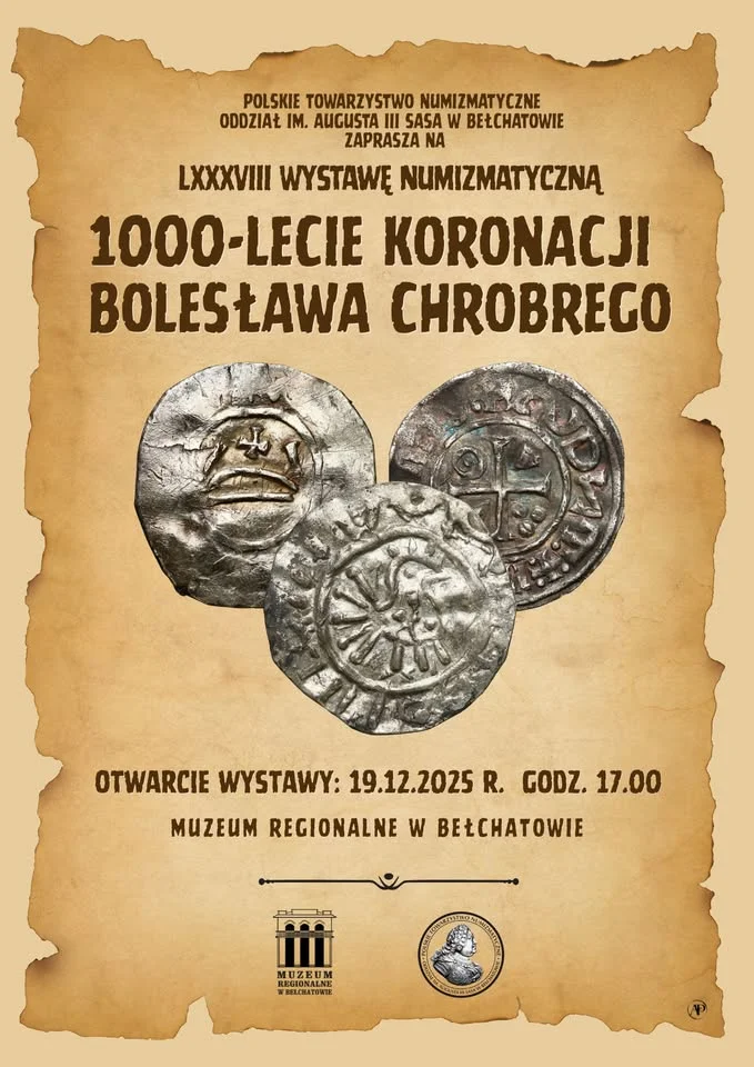 Grafika promocyjna wydarzenia 1000‑Lecie koronacji Bolesława Chrobrego — wystawa numizmatyczna w Muzeum