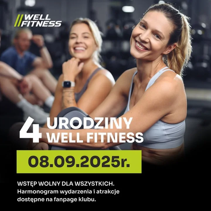 Obrazek przedstawia grafikę promocyjną wydarzenia Bełchatów: impreza urodzinowa klubu fitness z darmowym wejściem
