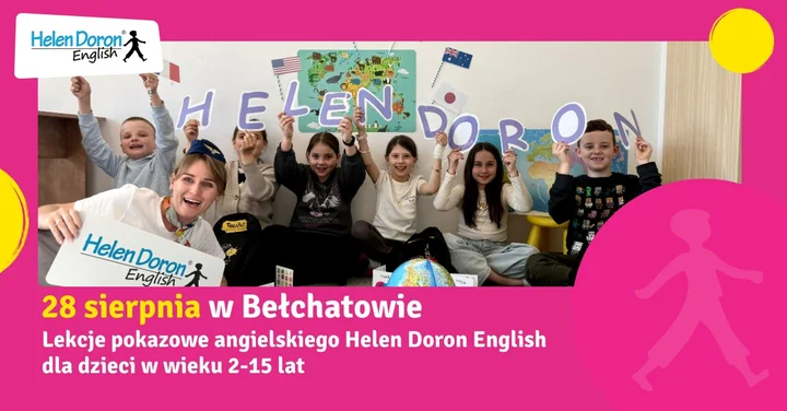 Obrazek przedstawia grafikę promocyjną wydarzenia Bełchatów: bezpłatne lekcje pokazowe angielskiego dla dzieci