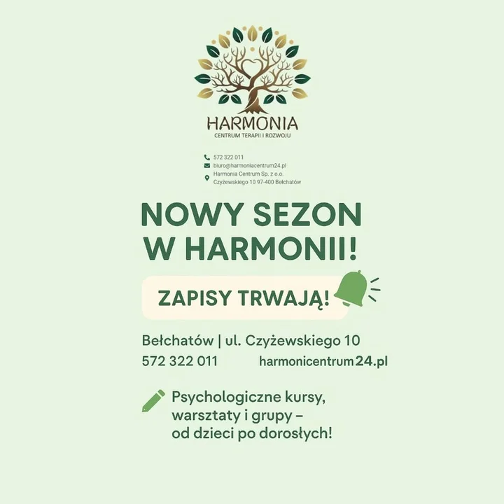 Obrazek przedstawia grafikę promocyjną wydarzenia Dzień otwarty w Centrum Terapii i Rozwoju Harmonia — prezentacja zajęć i zapisów