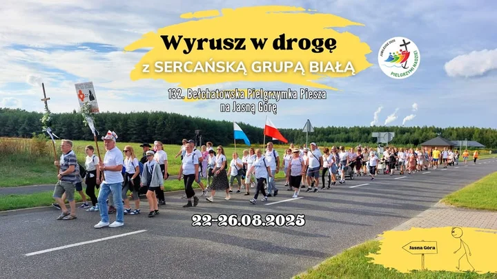 Obrazek przedstawia grafikę promocyjną wydarzenia Piesza pielgrzymka z Bełchatowa na Jasną Górę — Grupa Biała 2025