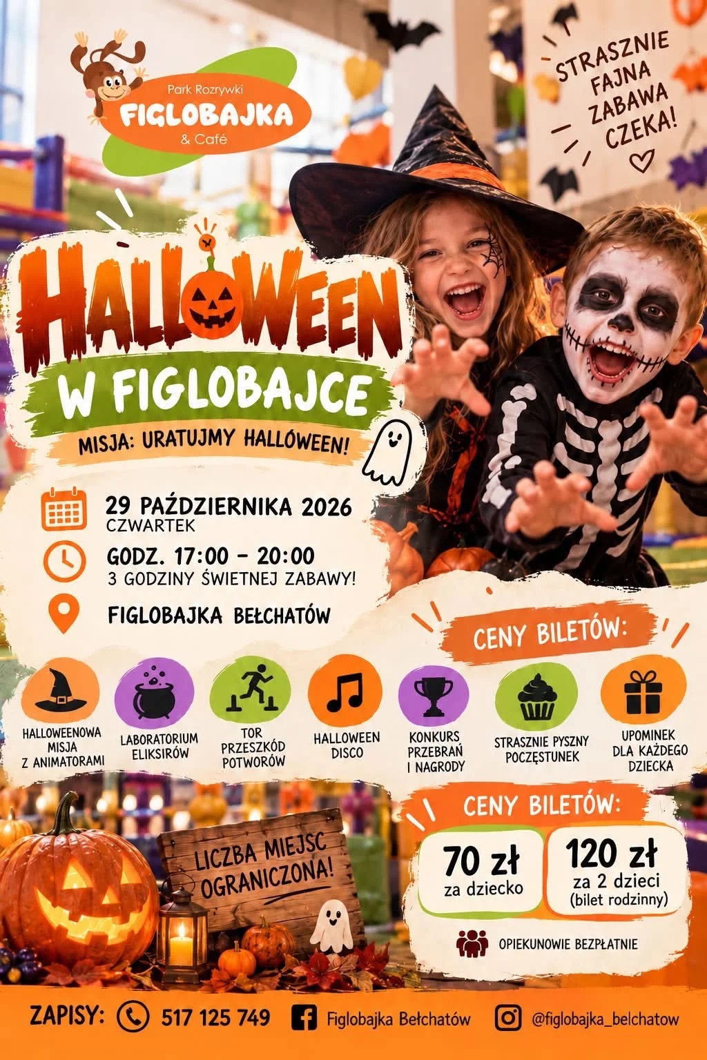 Grafika promocyjna wydarzenia Halloween w Figlobajce – misja dla dzieci