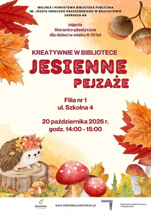 Grafika promocyjna wydarzenia Kreatywnie w Bibliotece. Jesienne pejzaże