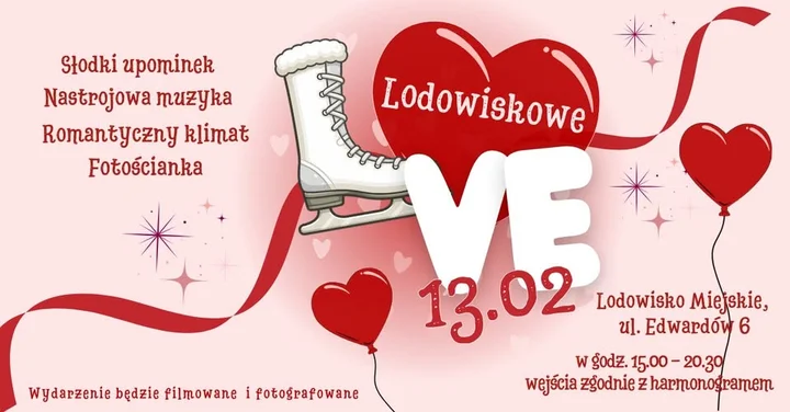 Grafika promocyjna wydarzenia Lodowiskowe Love — walentynkowa ślizgawka na Lodowisku Miejskim w Bełchatowie