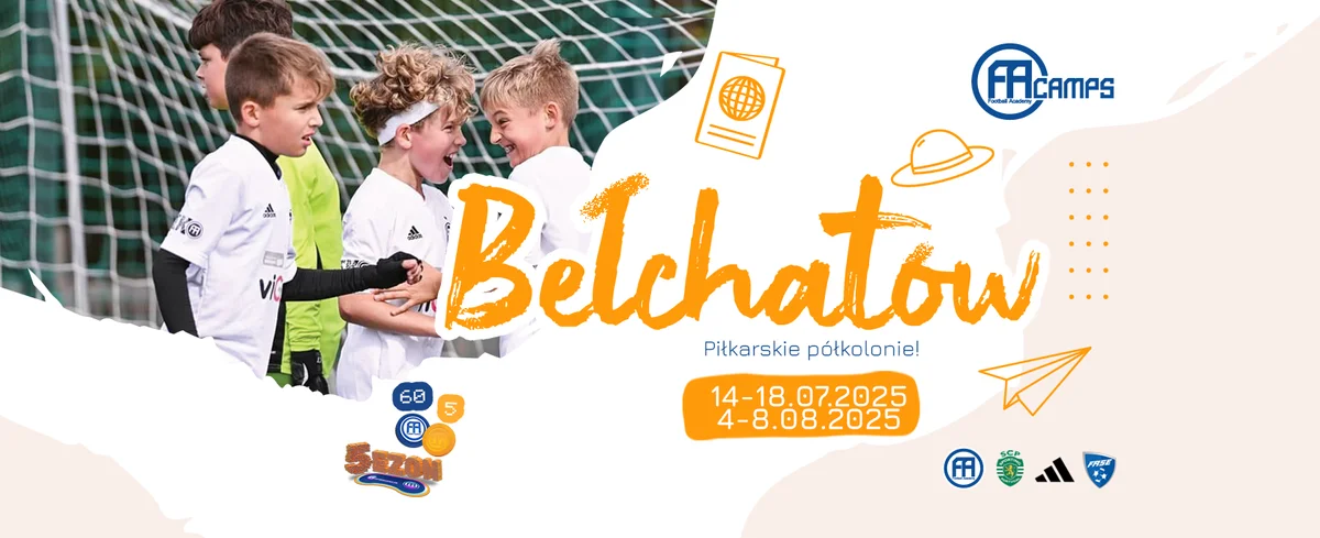 Grafika promocyjna wydarzenia Półkolonie sportowe dla dzieci w Bełchatowie – dwa terminy wakacyjne