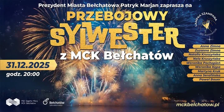 Grafika promocyjna wydarzenia Przebojowy sylwester z MCK Bełchatów — 31 grudnia, koncert lokalnych gwiazd