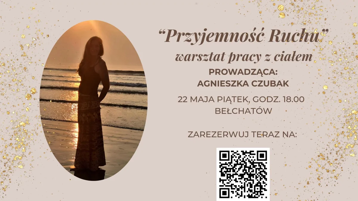 Grafika promocyjna wydarzenia Przyjemność Ruchu — warsztat pracy z ciałem w Bełchatowie