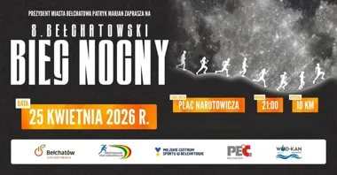 Grafika promocyjna wydarzenia 8. Bełchatowski Bieg Nocny — nocny bieg na placu Narutowicza w Bełchatowie