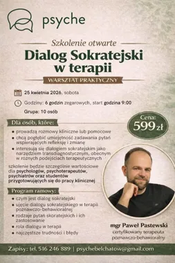 Grafika promocyjna wydarzenia Dialog sokratejski w terapii — szkolenie praktyczne w Bełchatowie
