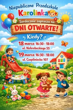 Grafika promocyjna wydarzenia IV Wiosenne Spotkanie z Karolinką — Dzień Otwarty przedszkoli w Bełchatowie