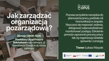 Grafika promocyjna wydarzenia Jak zarządzać organizacją pozarządową? ABC zarządzania organizacją w Bełchatowie