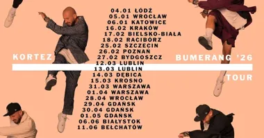 Grafika promocyjna wydarzenia Kortez z trasą „Bumerang ’26 Tour” w Bełchatowie