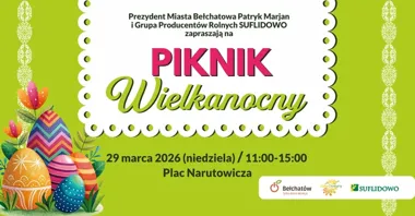 Grafika promocyjna wydarzenia Piknik Wielkanocny w Bełchatowie — rękodzieło, lokalne smaki i rodzinne warsztaty (29 marca)