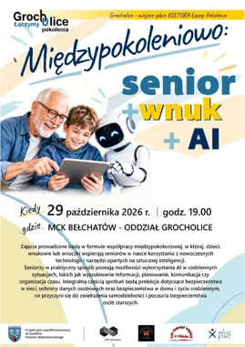 Grafika promocyjna wydarzenia Senior + wnuk + AI: warsztaty międzypokoleniowe