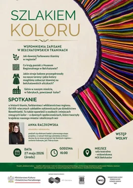 Grafika promocyjna wydarzenia Szlakiem Koloru w Bełchatowie: wspomnienia zapisane w tkaninach