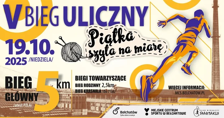 Obrazek przedstawia grafikę promocyjną wydarzenia Uliczny bieg na 5 km w Bełchatowie