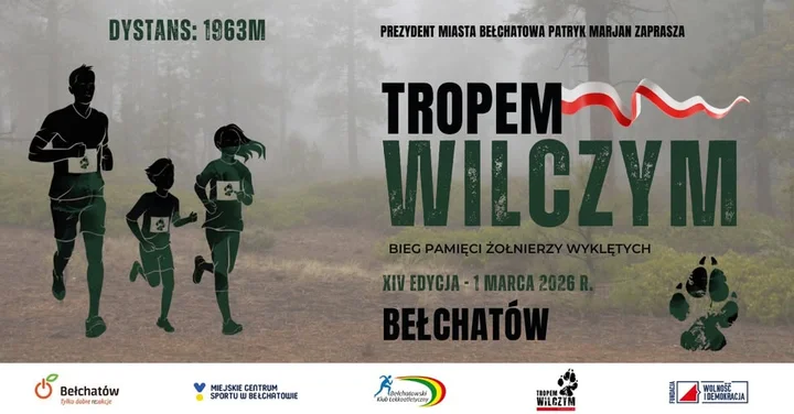 Grafika promocyjna wydarzenia XIV Tropem Wilczym – Bieg Pamięci Żołnierzy Wyklętych w Bełchatowie