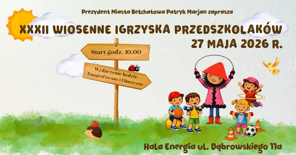 Grafika promocyjna wydarzenia XXXII Wiosenne Igrzyska Przedszkolaków w Bełchatowie